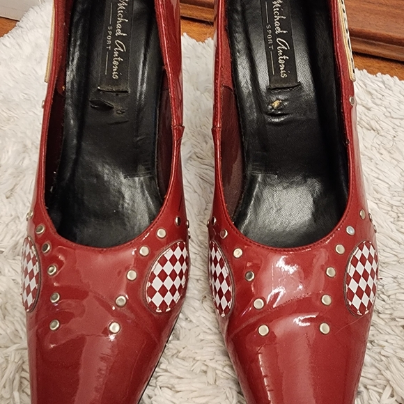 Michael Antonio Red Patent Heels with Checkered Accents - Picture 1 of 4